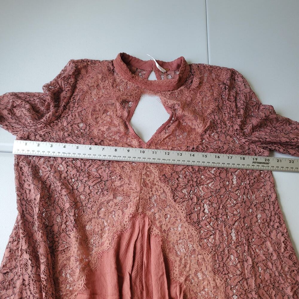 Free People Dress Womens Large Pink Lace Trapeze Mini Bell Sleeve Sheer Boho - Picture 6 of 9